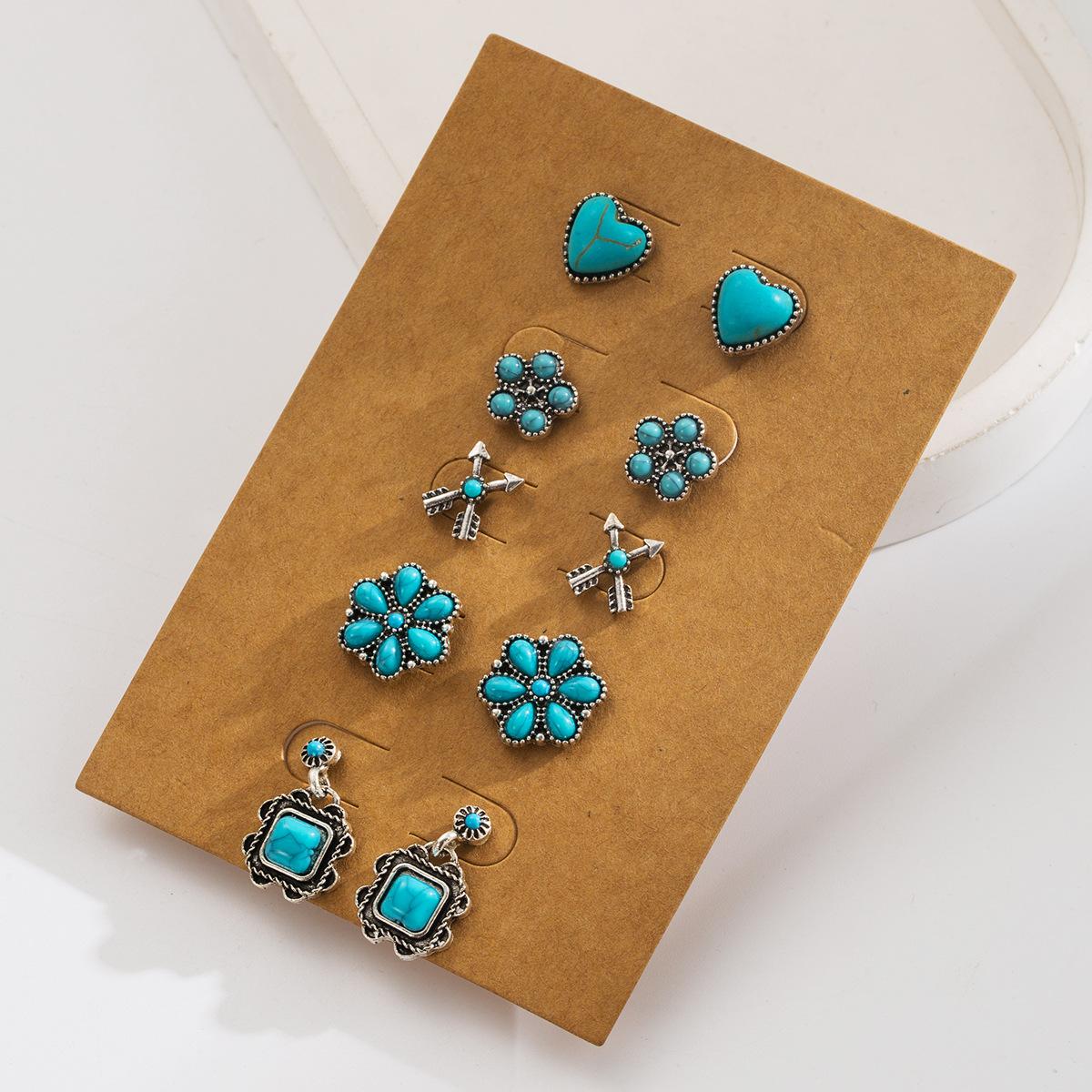 

Simple Retro Green Turquoise Earrings - Set of Ethnic Style Flower Heart Geometric Ear Pendants in 5 Pairs Arrow Set