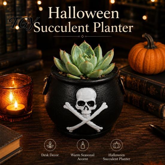 Trendy Plant Gift for Friends Witches Cauldron Planter, Halloween Skull Flower Pot, Gothic Resin Table Centerpiece Black Pot Candy Bowl Herbs, Indoor,