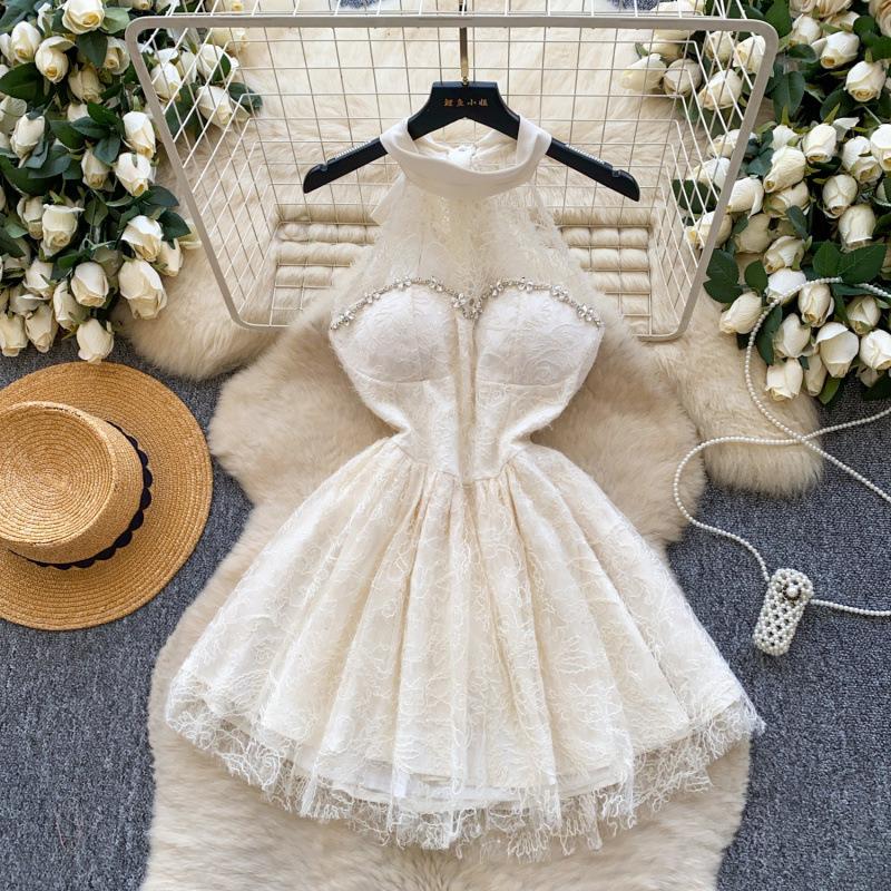 Fashion Heavy Industry Diamond Neck Lace Sequin Dress Women s Korean Version Waist Dress Thousand Gold Sense Dress S абрикосовый