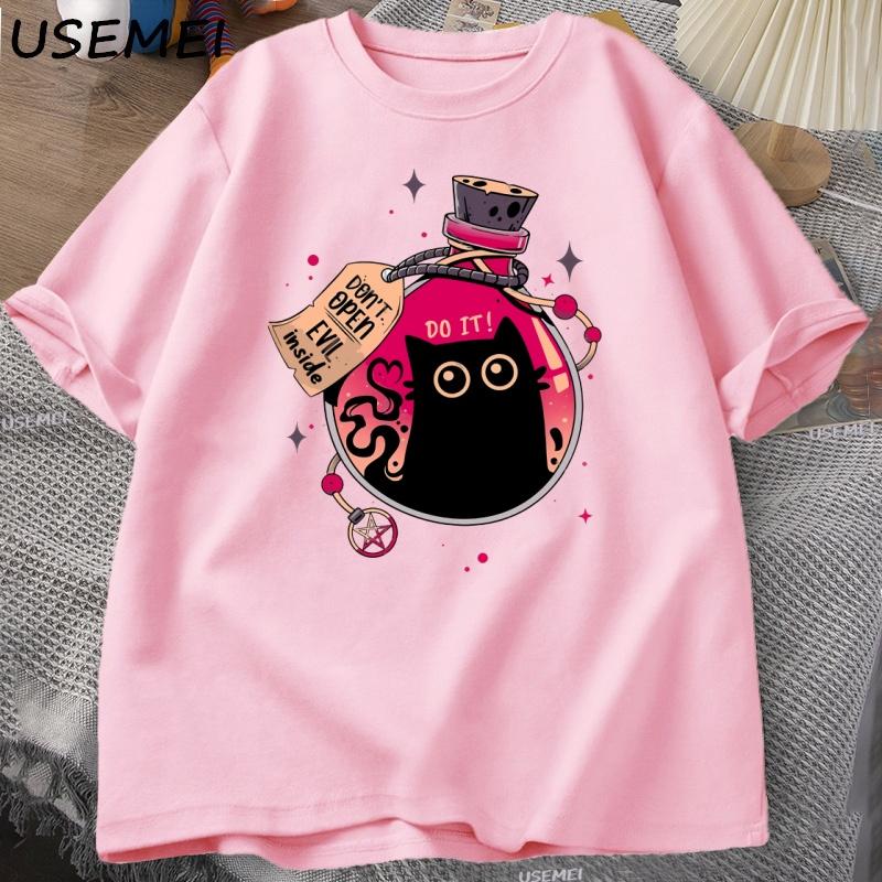 Bottled Evil Black Cat T Shirt Trendy Cotton Summer Tops Loose Short Sleeves Cat Design Clothes Men Streetwear Clothes