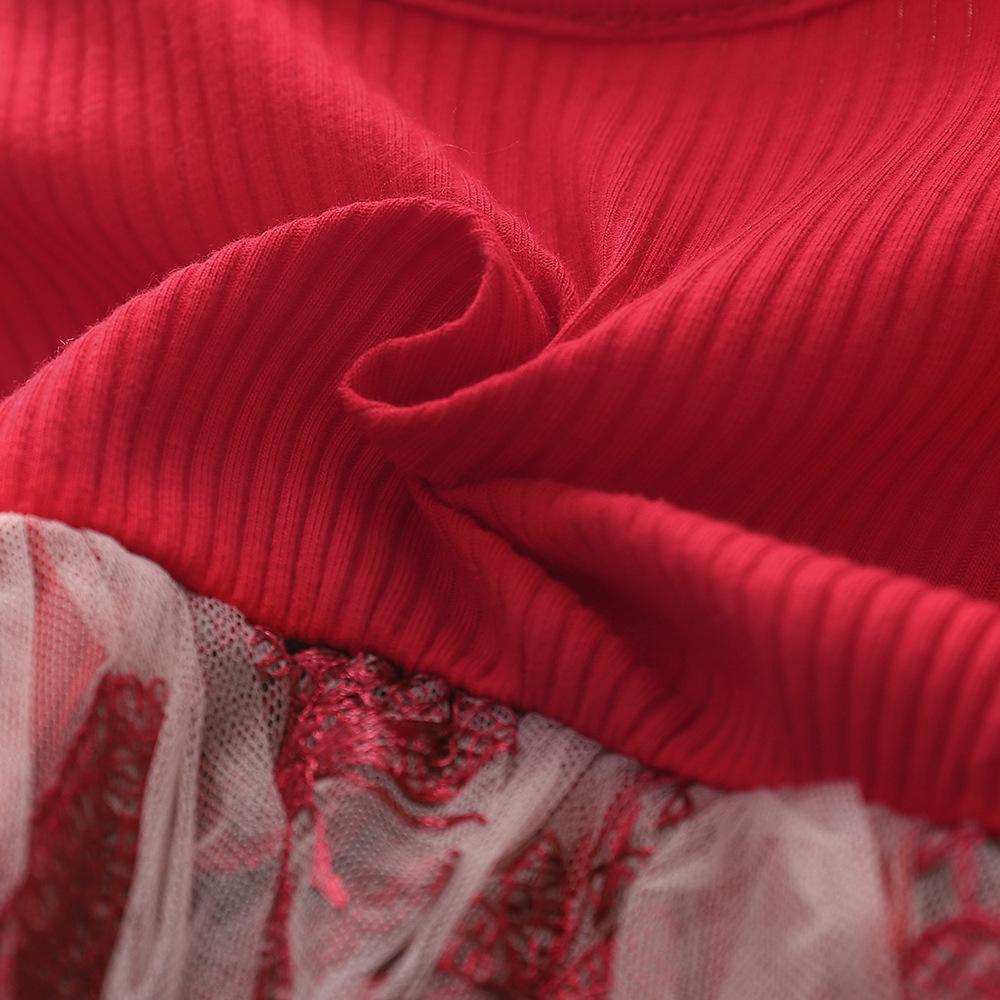 Korean Baby Girls' Butterfly Embroidery Flutter Sleeve Red Mesh Knit Dress