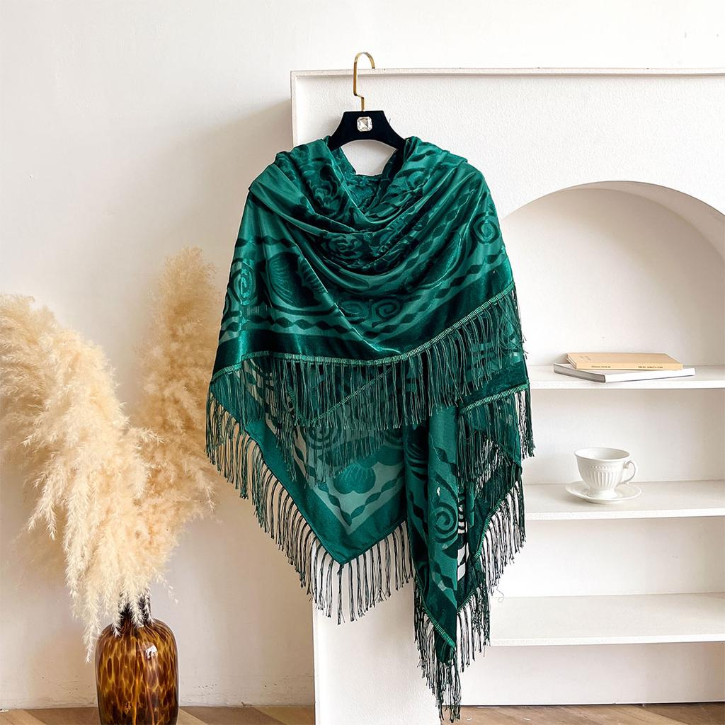 Retro Velvet Tassel Scarf Floral Embroidery Warm Outerwear Shawl For Women Spring Autumn Winter Ethnic Style Fashion Accessory