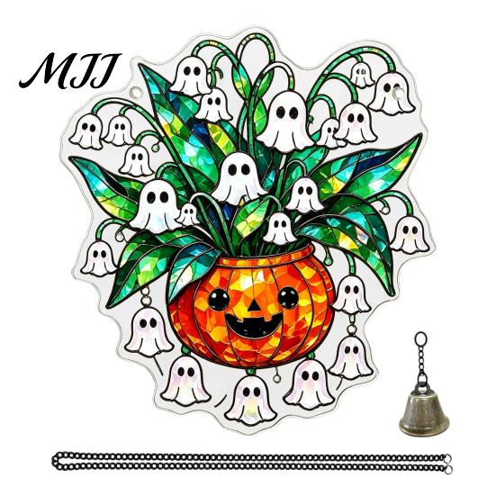 Pumpkin Hanging Decoration Halloween Acrylic Decoration, Cartoon Ghost Ornament with Reusable Holiday Ornaments Bell, Suncatcher Decor for Indoor