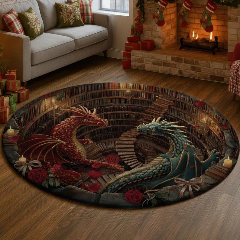 Fantasy Dragon 3D Printed Round Rug, Library Dragon Hole Illusion Floor Mat, Mystic Home Decor, Round Carpet Fashion Home Decor