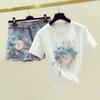 Sommer Frauen 2 Stück Sets Schwere Arbeit Stickerei 3D Blume T-shirt + Denim Shorts Sets Vintage Perlen Shorts Anzug frauen Outfit