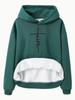 European Size Fleece Lined Women's Hooded Sweatshirt with Kangaroo Pocket and Cross Print - Long Sleeve, Autumn/Winter