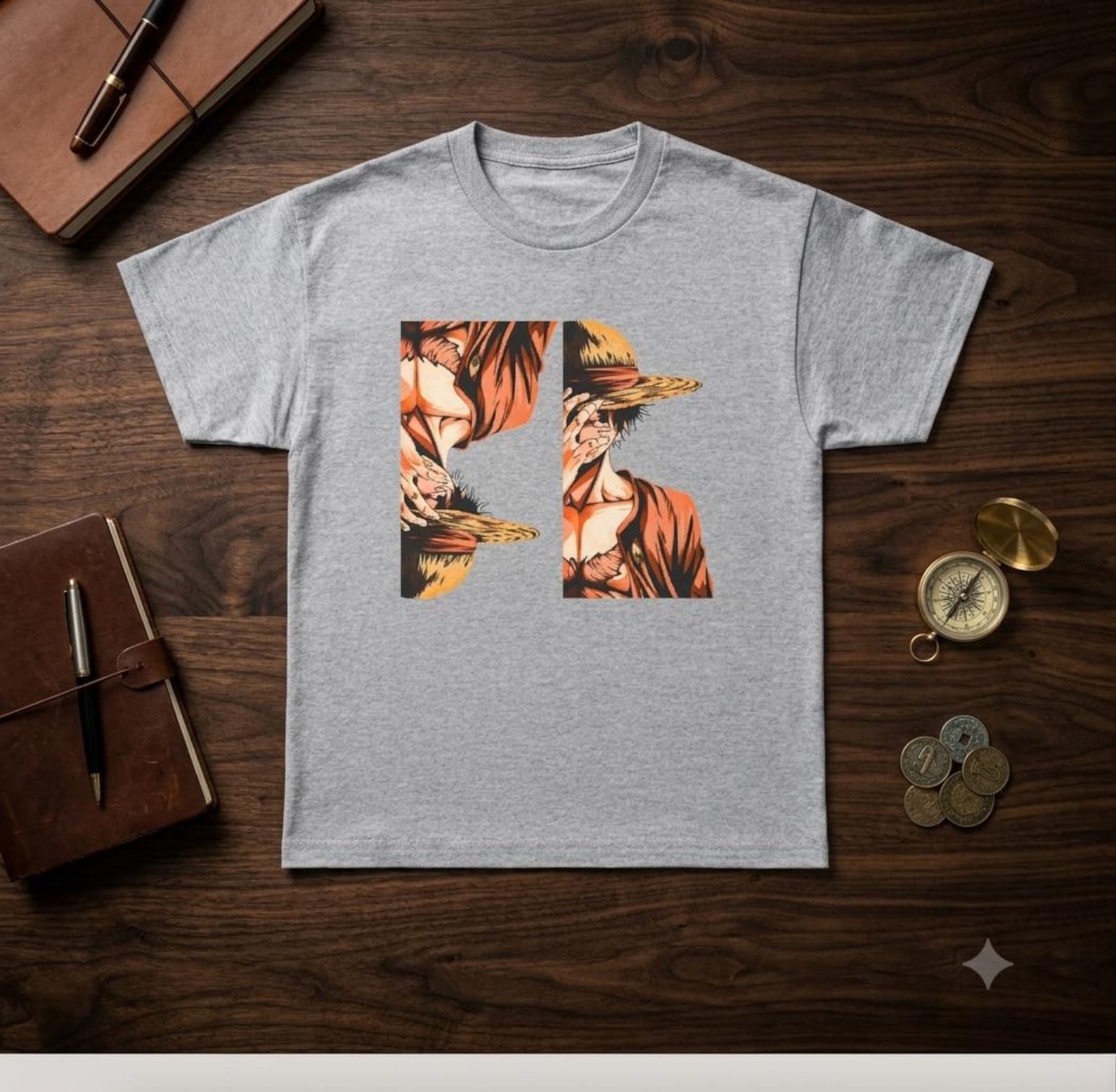 Straw Hat Pirate Split Portrait T-Shirt | Anime Character Tee XL