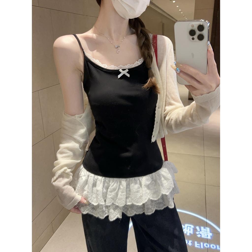 White bow sling vest women's summer lace hem slim fit stacked inside small top bottoming shirt