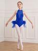 Kids Girls Dance Performance Costume Rhinestone Mesh Patchwork Sleeveless Leotard Tulle Skirted Bodysuit