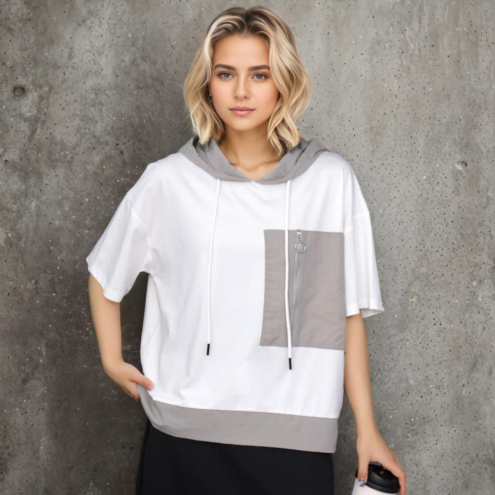 

DIMANAF 2025 Plus Size Pullover Hoodie Summer T Shirt Women Aymmetrical Solid Short Sleeve Loose Tees One Size