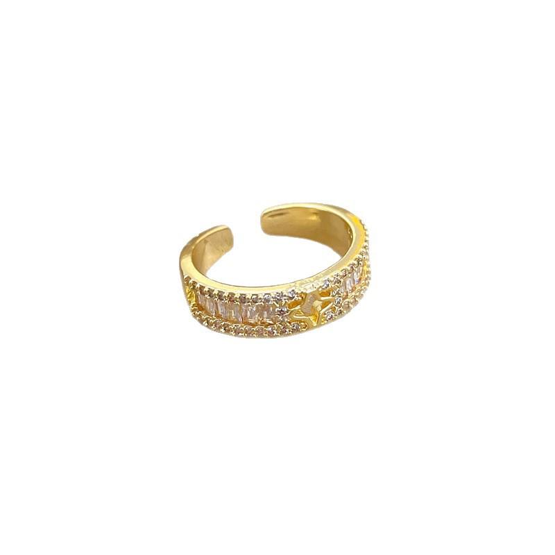 Real Gold Light Luxury Lucky Grass Full Diamond Ring Opening Adjustable Simple Jewelry Japanese Ring Couple Ring
