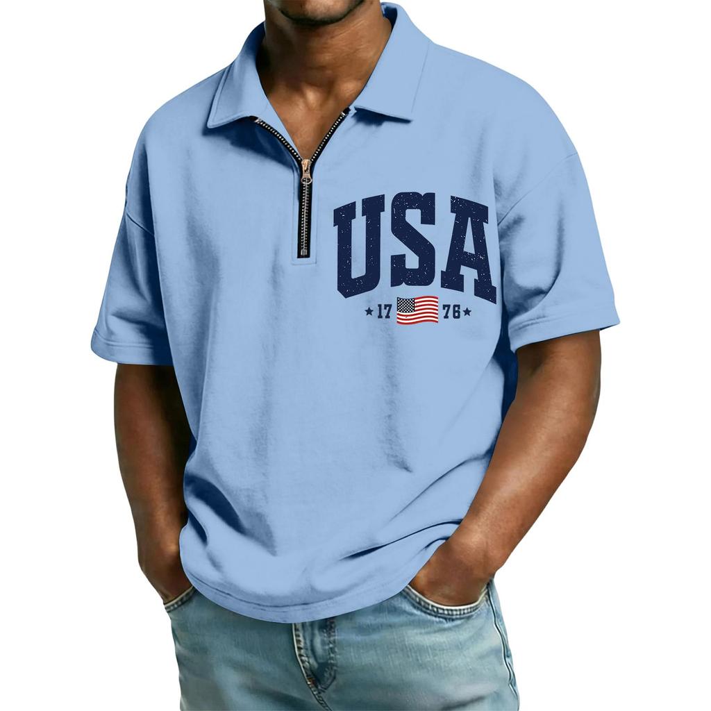 Men’s Short Sleeve Polo Shirt with Half Zip Collar USA Letter Print and Flag Embroidery Casual Fit Top