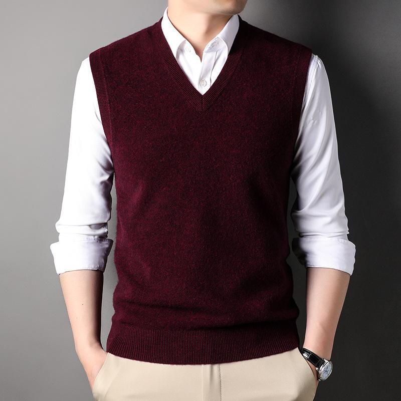 New Autumn and Winter Men's Sleeveless Sweaters Solid Color Warm Vest Cardigan Men's V-neck Vest
