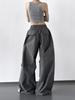 Women's Solid Color Wide-Leg Cargo Pants with Drawstring and Cuffs - Spring Summer 2025 High-Waist, Loose, Floor-Length