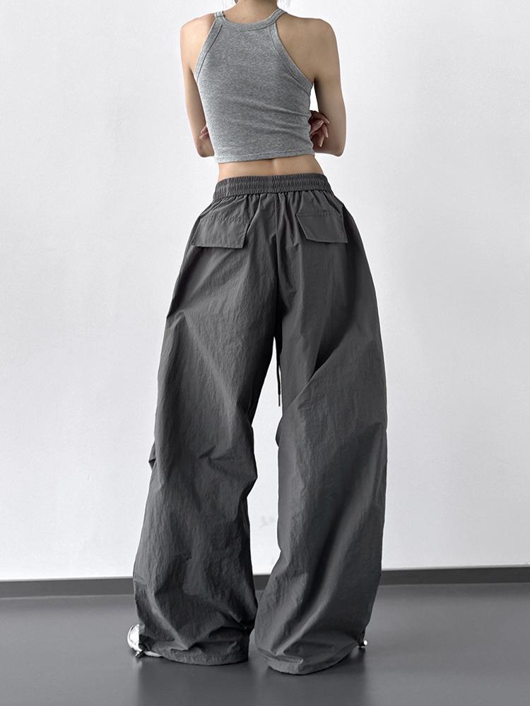 Women's Solid Color Wide-Leg Cargo Pants with Drawstring and Cuffs - Spring Summer 2025 High-Waist, Loose, Floor-Length
