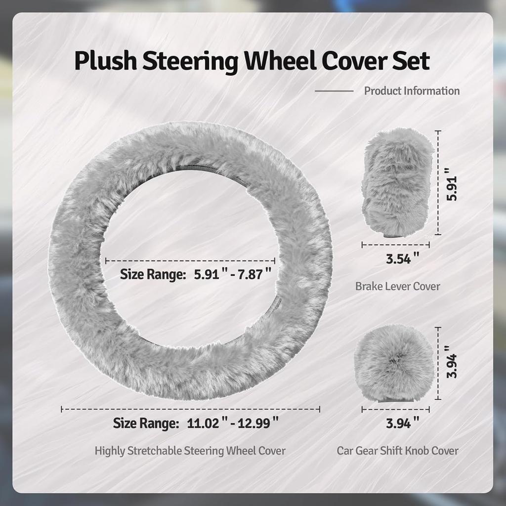 Fluffy Steering Wheel Cover 3PCS Set – Plush Fuzzy Fur Steering Wheel Cover with Gear Shift Cover & Handbrake Cover, Winter Warm Car Accessories,