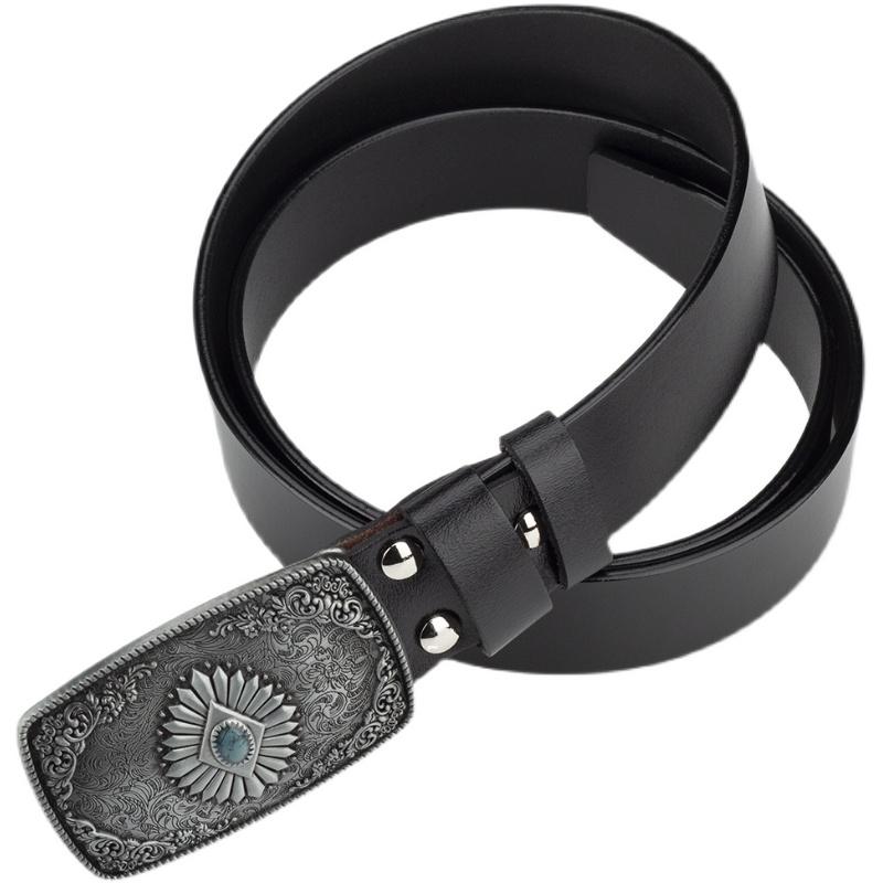 Classical Silver Carved Flower Pattern Buckle Enamel Sapphire Genuine Leather Belt For Women Men Belts Gift