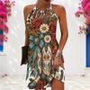 Women Plus Size Halter Criss Cross Cutout Sleeveless Horse Floral Printed Fitted Curved Hem Dress
