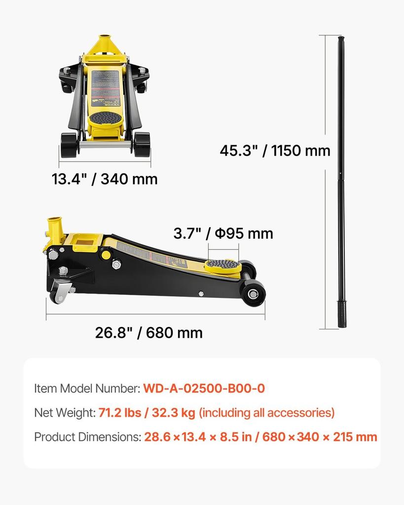 Low Profile Floor Jack 2.5 Ton Heavy Duty Steel Dual Piston Rapid Pump