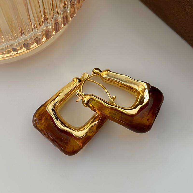 Vintage U-Shaped Hoop Earrings for Women Golden-Tone Finish & Resin Inlay Stylish Earring Party Jewelry Gifts
