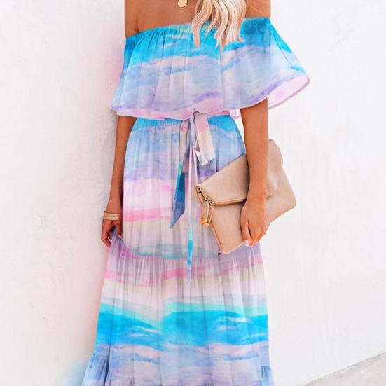 Dámské šaty s odhalenými rameny, květinový potisk, tenké, velký lem, pásek, maxi šaty, streetové oblečení