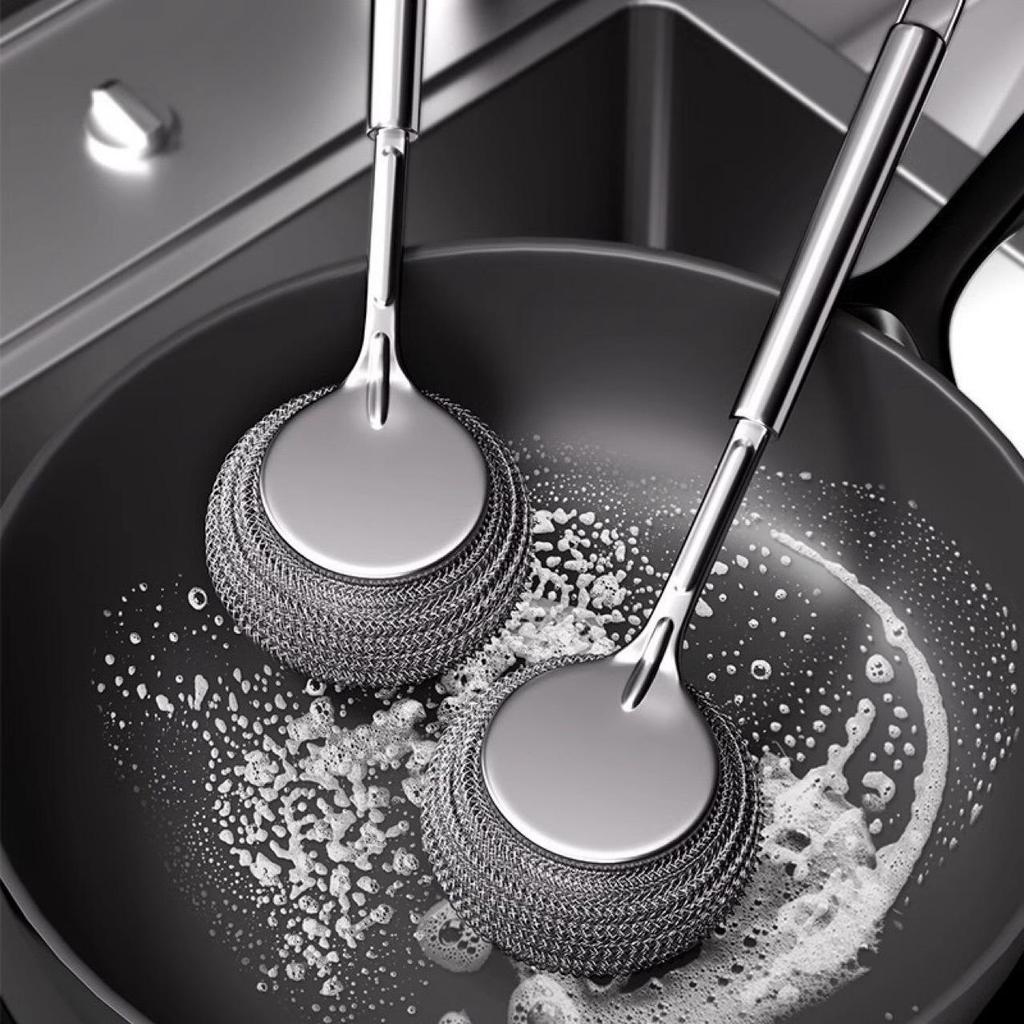 German Stainless Steel Long-Handled Kitchen Brush - Pot Safe Dishwashing Scrubber