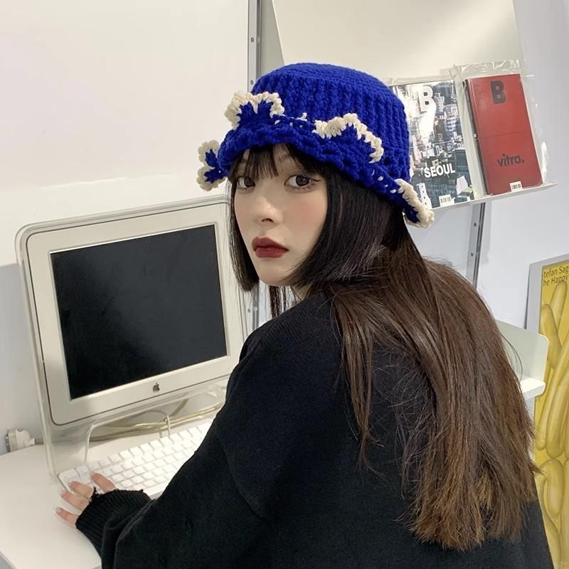 Blue Knitted Wool Cap Women Spring Korean All-match Forest Style Lace Edge Bucket Hat Fashion Big Headband Fisherman Hat