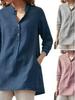 Damen Baumwoll-Leinen Hemd mit Sieben-Ärmeln und Stehkragen - Herbst Uni-Farben Patchwork Pullover