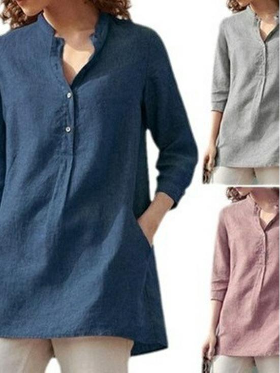 Damen Baumwoll-Leinen Hemd mit Sieben-Ärmeln und Stehkragen - Herbst Uni-Farben Patchwork Pullover