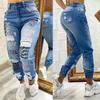 Letter Printed Ripped Jeans Women's Washed Retro Foot Pants