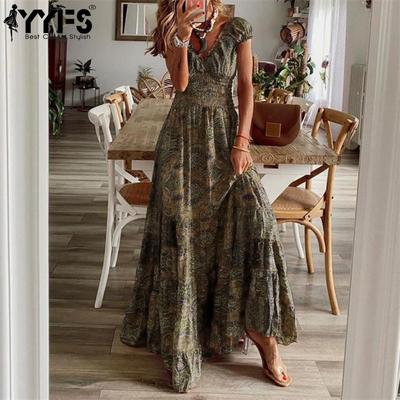 Damenmode Sommer Frühling Kurzarm V-Ausschnitt Hohe Taille Freizeitkleider