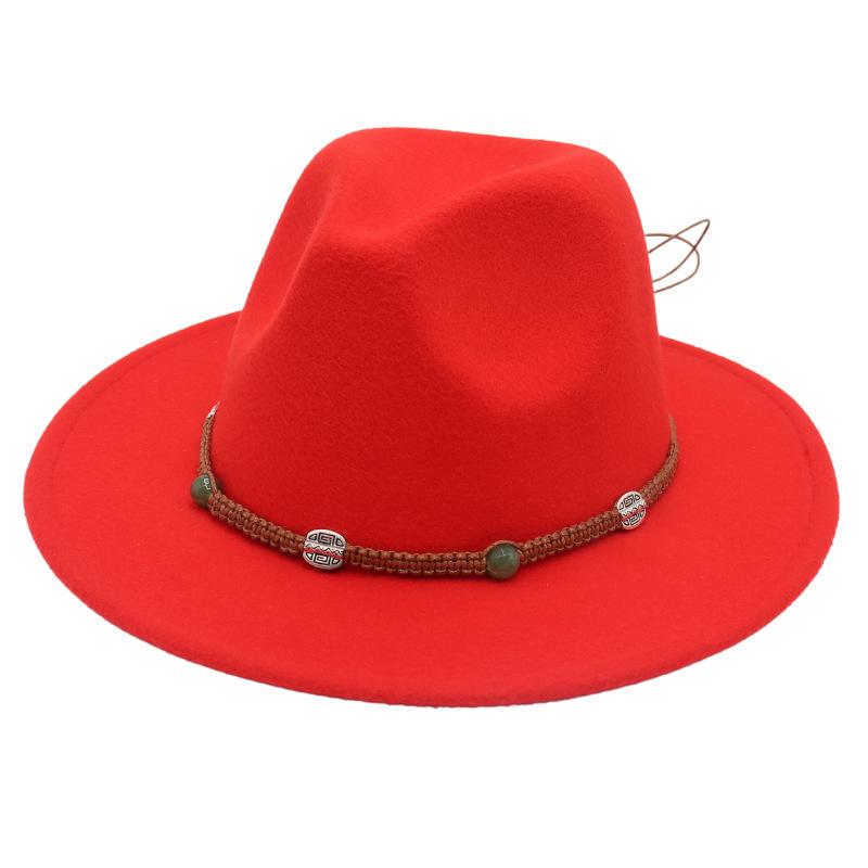2023 New Top Hat Jade Accessories Woven Fleece Belt Foreign Trade Jazz Hat Big Eaves Show Small Face Big Head Circle Felt Hat