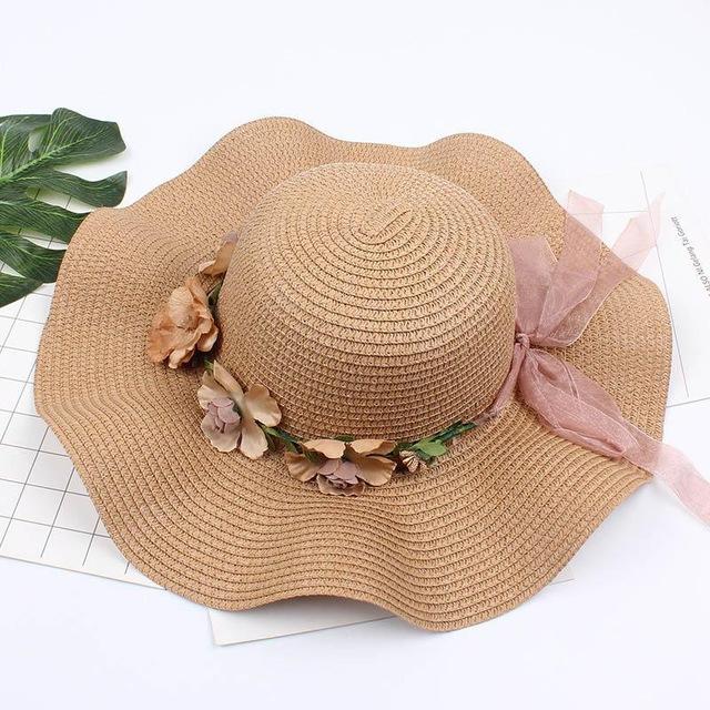 Fashion Summer Wavy Straw Hat Women's Sun CapBeach Eaves Flower Bow Caps