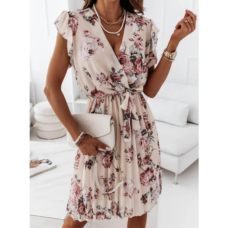 Summer Women's Ruffle Short Sleeve V-Neck Digital Printed Dresses