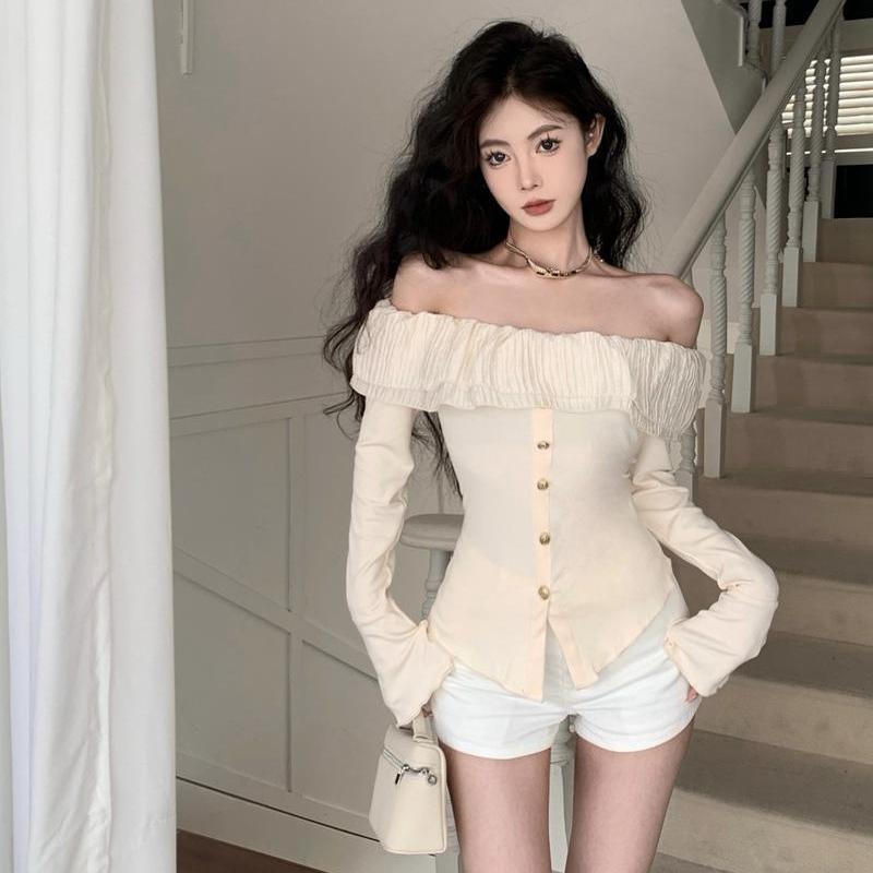 2KWEIRD Y2k Sexy T Shirt Women French Style Elegant Fashion Off Shoulder Crop Top Female Flare Sleeve Slash Neck Ruffle Slim Tees