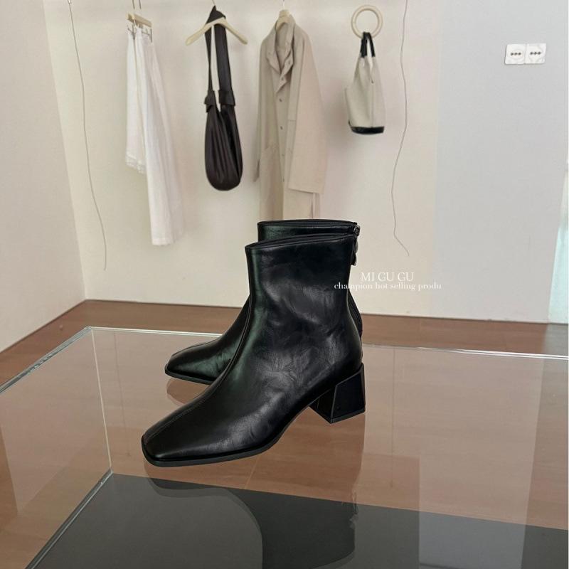 2025 Autumn and Winter New Square Head Thick Heel Rear Zipper Low Tube Thin Martin Women's Short Boots