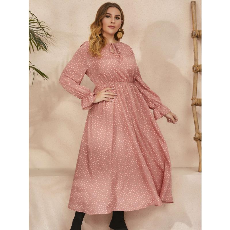 Frühlings- und Herbst-Damenkleid, großes Kleid, gepunktet, lockere Langarm-Kleider