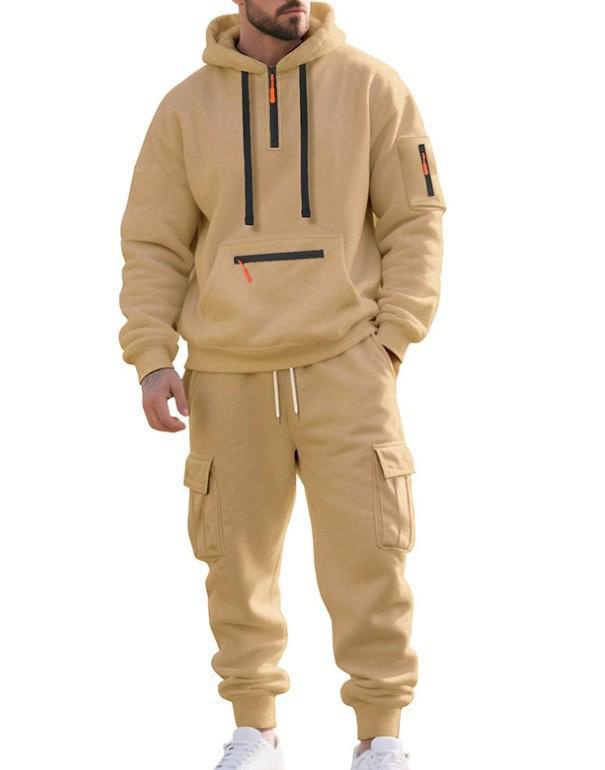 Europäisches Herren Herbst/Winter Lässiges Halbreißverschluss Mehrere Taschen Fleece Hoodie und Jogginghosen Set XXXL khaki