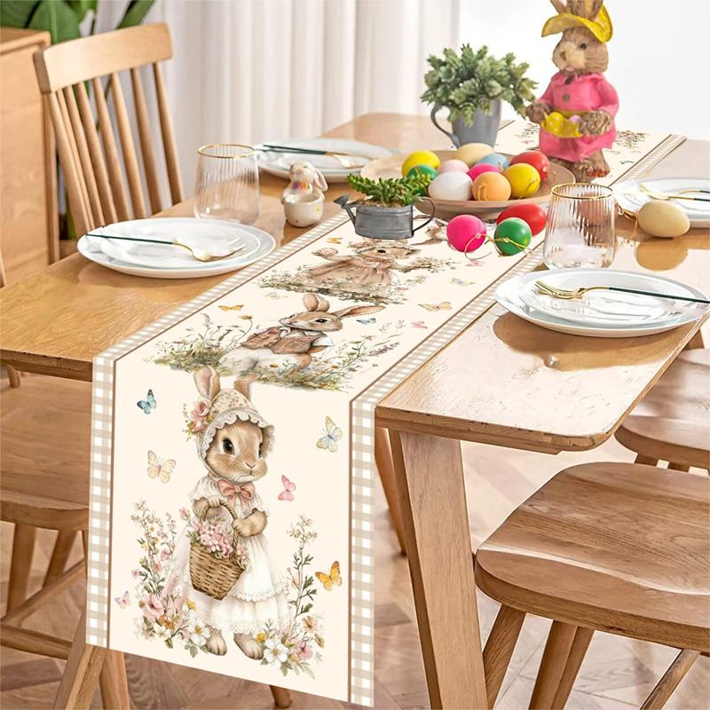 Vintage Easter Bunny Table Runner Polyester Rabbit Eggs Flower Table Cover Easter Decoration For Home Kitchen Dining Table Decor