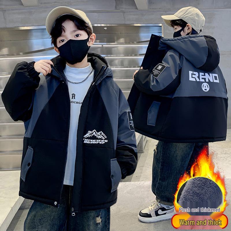 Boys' 2025 Winter Hooded Cotton Parka: New Style Fleece-Lined Coat for Autumn and Winter