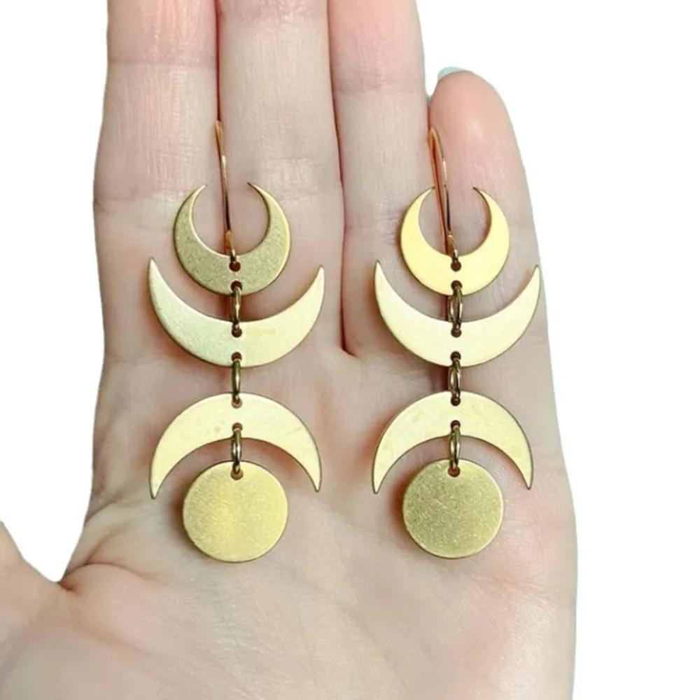 Bohemia Gold Color Stainless Steel Crescent Moon Sun Dangle Earrings for Women Halloween Triple Moon Goddess Amulet Jewelry Gift