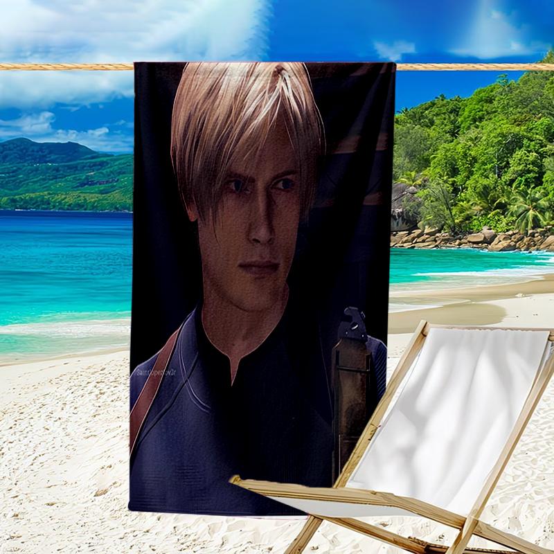 proof beach towel with a Resident Evil Leon S. Kennedy pattern - soft,absorbent,quick-drying,machine washable - perfect for swimming,camping,bathing