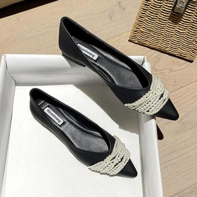 Frühling Sommer Mode Wohnungen für Frauen Spitz Perle Elegante Büro Dame Schuhe Flache Frau Einzelnen Schuhe Schwarz