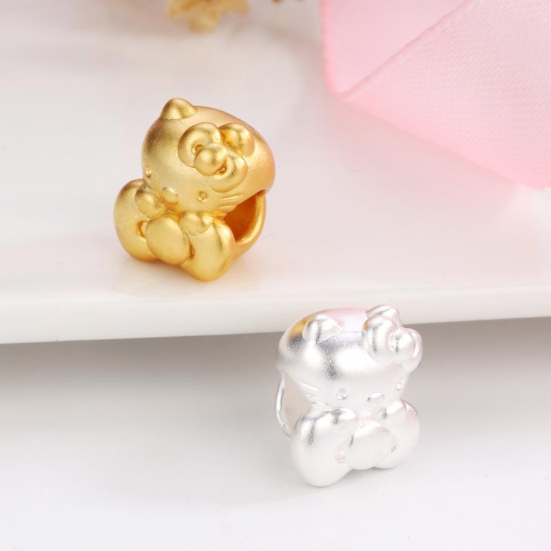 Sterling Silver 999 Hello Kitty Bow Knot Beaded Cartoon Cat Handmade Rope Jewelry Loose Beads