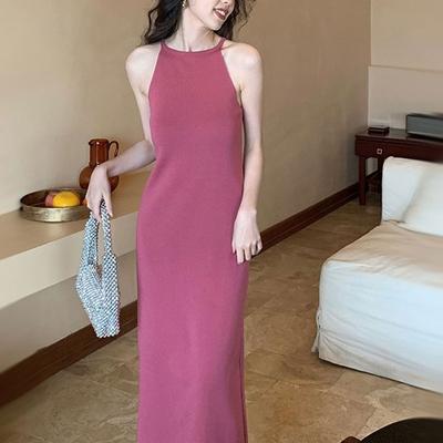 Solid Color Slip Dresses Sexy Elegant Sleeveless Summer Vintage Basic Slim Fashion Waist Bag Hip Long Dress