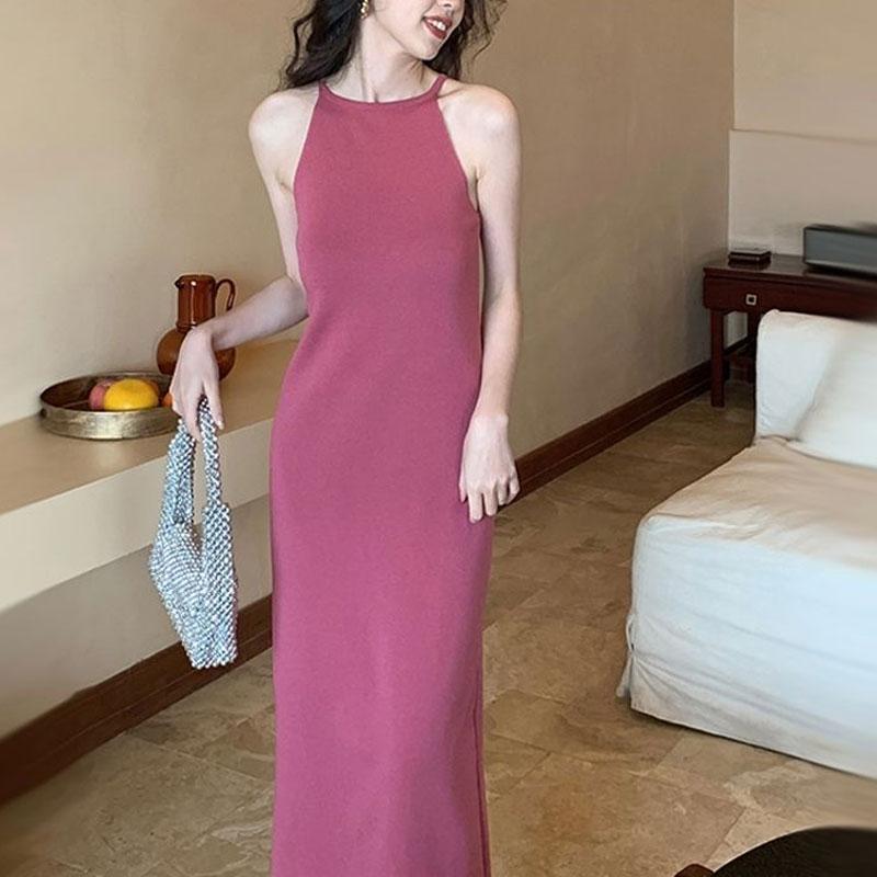 Solid Color Slip Dresses Sexy Elegant Sleeveless Summer Vintage Basic Slim Fashion Waist Bag Hip Long Dress