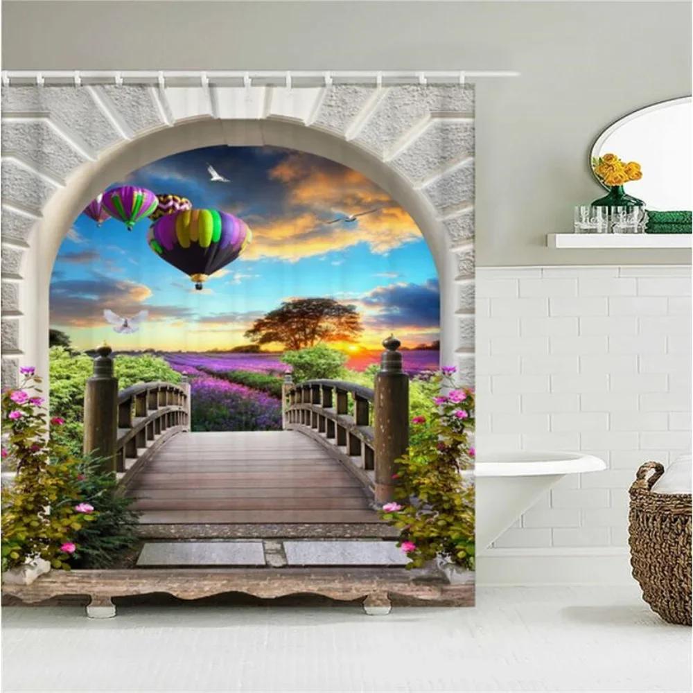 Home Wall Decor European Building Garden Patio Landscape Shower Curtains Bathroom Curtain Waterproof Bath Curtains for Bathroom