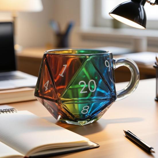 Rainbow Dice Mug Glass Tea Cup Multicolor Funny Coffee Cup Fantasy Themed Home Decor Gift for Dice Lovers