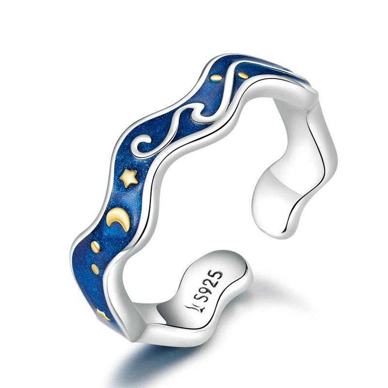 BAMOER Silver 925 Lover Rings for Couple Blue Starry Sky of Van Gogh Open Finger Ring Design Jewelry Accessories SCR608