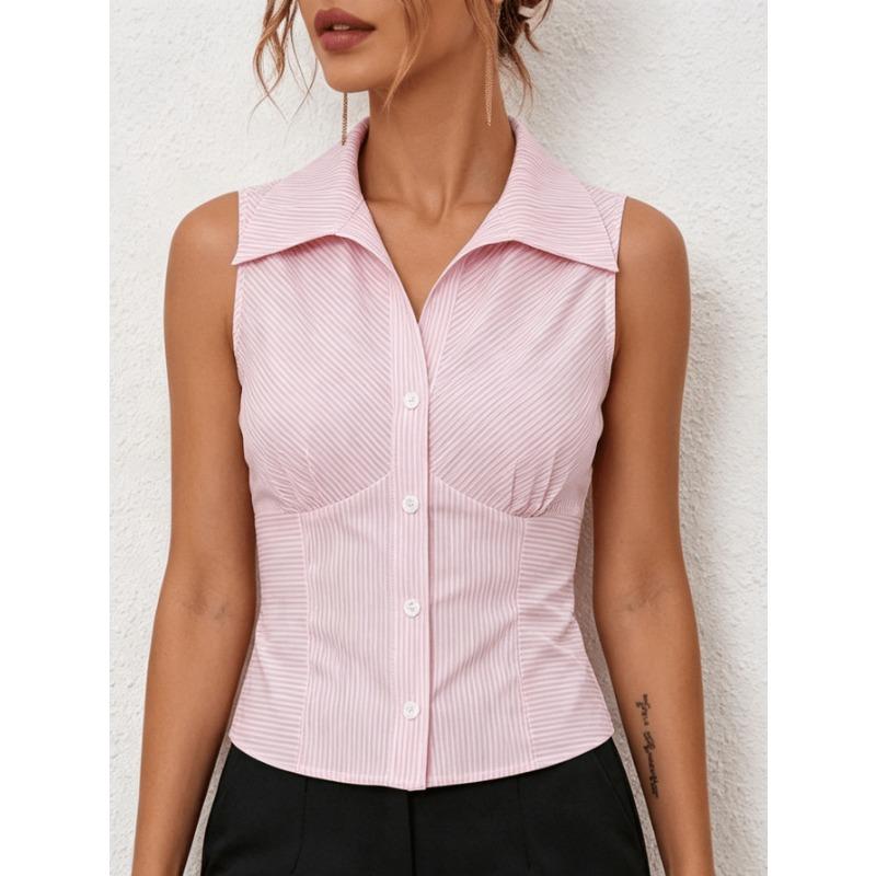 Women Pink Striped Sleeveless Collared Blouse Front Button Slim Office Tank Tops XS розовый